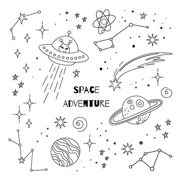Outer space adventure background with hand drawn planets, stars, UFO Stock Illustration