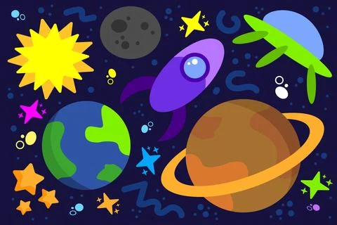 Outer space adventure set with planets, rocket, UFO and stars for kids. Vector 库存插图