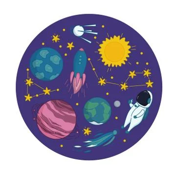 Outer space adventures with astronaut, flying rocket, satellite, comet, Sun Stock Illustration