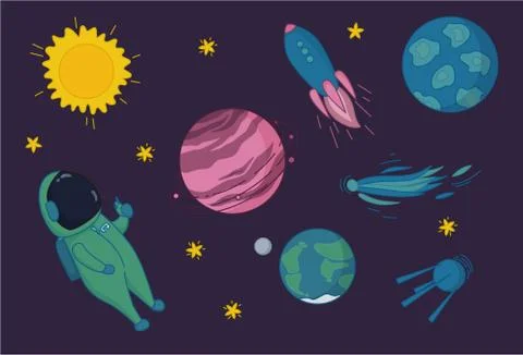 Outer space adventures. Astronaut, flying rocket, sputnik, comet, Sun, stars Stock Illustration