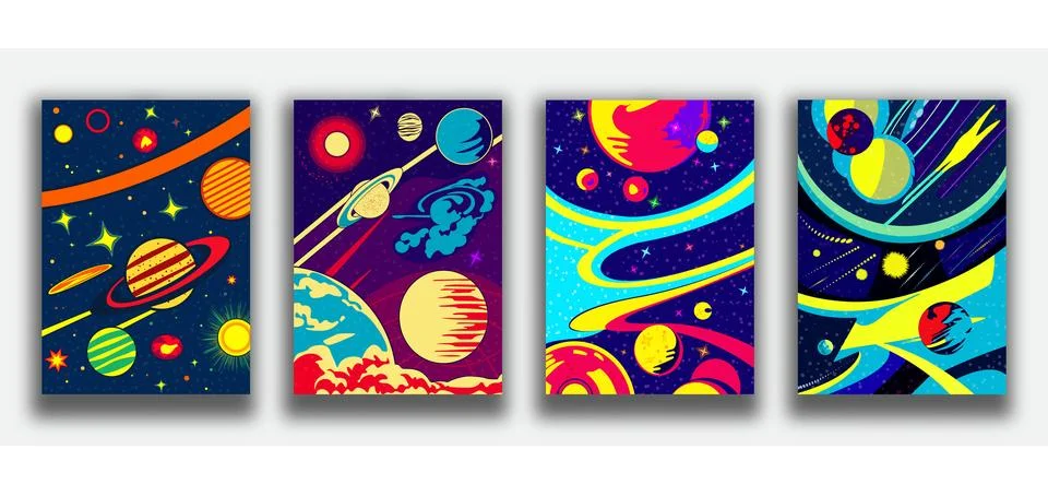 Outer space background set. Cosmos scenes with planets, stars, comets. Vector Stock Illustration