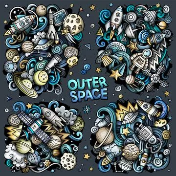 Outer Space cartoon vector doodle designs set. Stock Illustration