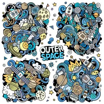 Outer Space cartoon vector doodle designs set. Stock Illustration
