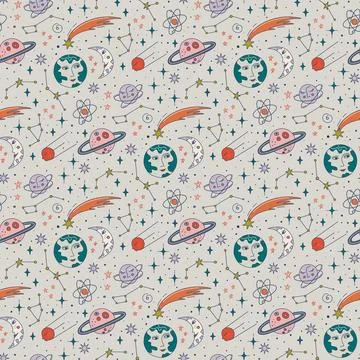 Outer space colorful background. Seamless pattern with astronomy symbols. Stock Illustration