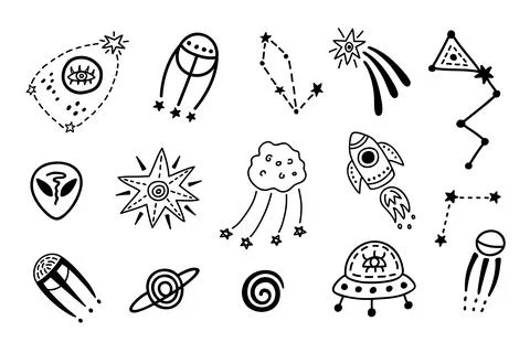 Outer Space cute cosmic hand drawn doodles set. Stock Illustration