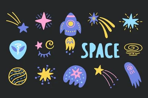 Outer Space cute cosmic hand drawn doodles set. Stock Illustration