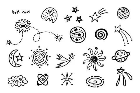 Outer Space cute cosmic hand drawn doodles set. Stock Illustration