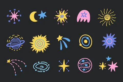 Outer Space cute cosmic hand drawn doodles set. Stock Illustration