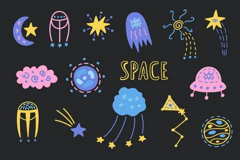 Outer Space cute cosmic hand drawn doodles set. Stock Illustration