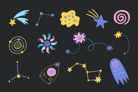 Outer Space cute cosmic hand drawn doodles set. Stock Illustration