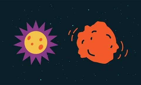 Outer space elements set. Glowing sun and asteroid vector illustration on starry Stock Illustration