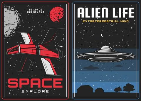 Outer space exploration, alien life contact banner Stock Illustration