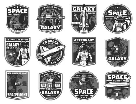 Outer space exploration, galaxy adventure icons Illustrazione stock