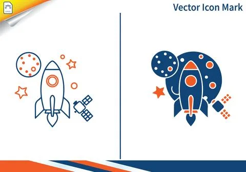 Outer space exploration icons featuring rocket and satellite. Ilustración de archivo