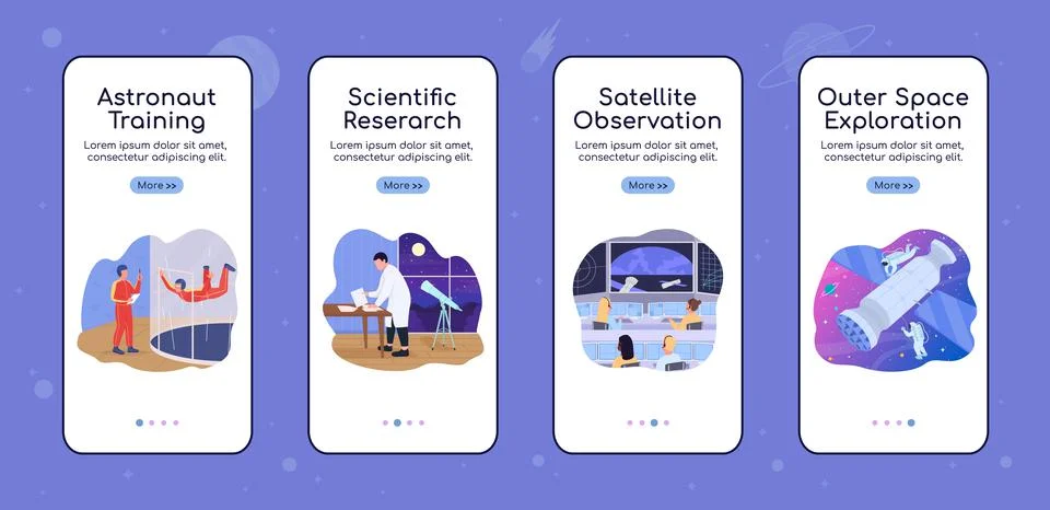Outer space exploration onboarding mobile app screen flat vector template 스톡 일러스트