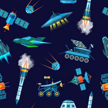 Outer space exploring with galaxy cosmos, spaceships, moon rover and and orbital Illustrazione stock