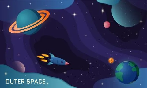 Outer space. Galaxy explore rocket. Universe discovery. Spaceship travel to p Stock Illustration