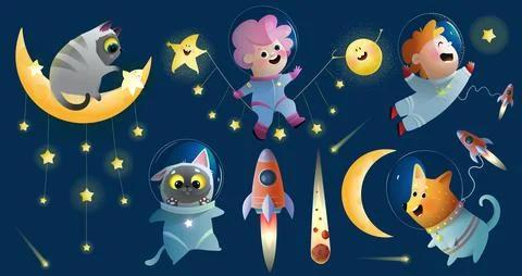 Outer Space Kids and Animals Funny Cosmic Clipart Stock Illustration