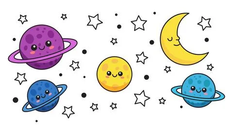 Outer Space Planet Elements Set, Cute Cartoon Galaxy Objects With Moon and .. Illustrazione stock