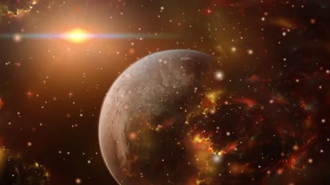 Outer space with a planet in the foreground surrounded by a nebula and stars. Vídeos de archivo 305533266
