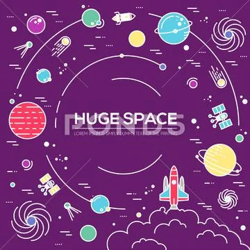 Outer space rocket flying flying to the moon background. Set of huge space Stock Illustration