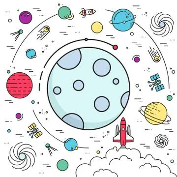 Outer space rocket flying flying to the moon background. Set of huge space Stock Illustration