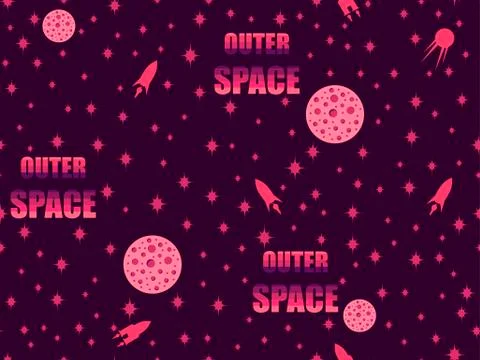 Outer space seamless pattern with spaceships, asteroids and stars in the re.. Stock Illustration