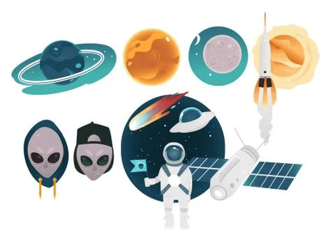 Outer space theme objects set with different planets, technologies and aliens Stock Illustration