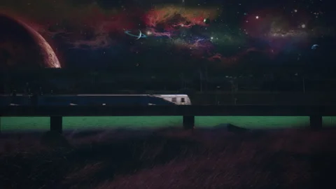 Outer Space Train Crossing Bridge Alien Planet Science Fiction Vidéo 173638863