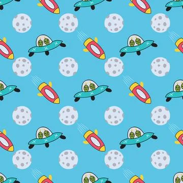 Outer space vector seamless pattern design on blue background Illustrazione stock