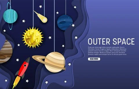Outer space web banner template, vector layered paper cut style Stock Illustration