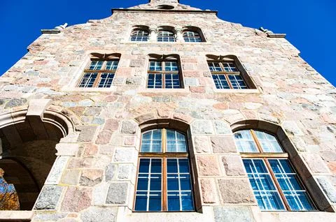 The outer stone wall of the medieval castle of Cesvaine, Latvia, with large.. Stock Photos