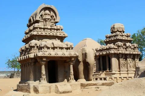 Outer view of Pancha Rathas, (also known as Five Rathas or Pandava Rathas) .. Stock Photos