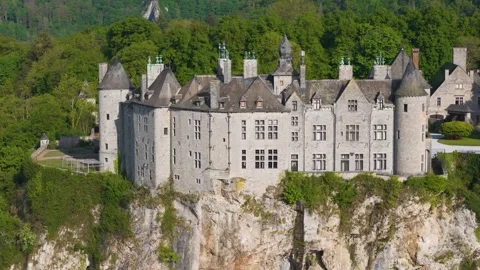 Outer walls main structure walzin castle green covered mountains birds dinant Video stock 318808093