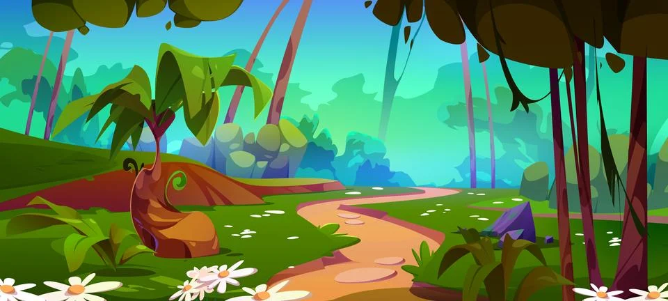 Outgoing path in forest among trees and flowers. Stock Illustration