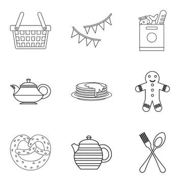 Outing icons set, outline style Stock Illustration