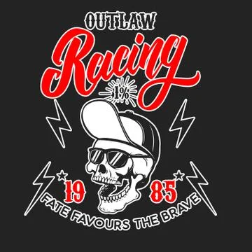 Outlaw racing. Emblem template with skull in baseball cap and sunglasses. Des Stock Illustration