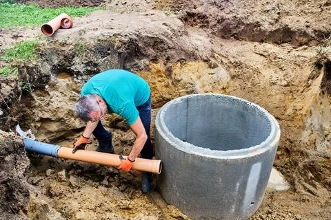 Outlet of sewer pipe from first septic tank compartment for entry into biol.. Stock Photos