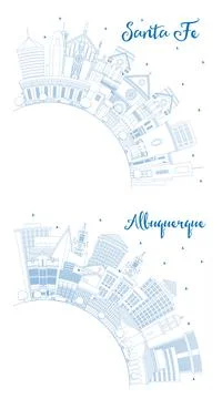 Outline Albuquerque and Santa Fe New Mexico City Skyline Set. Stock Illustration
