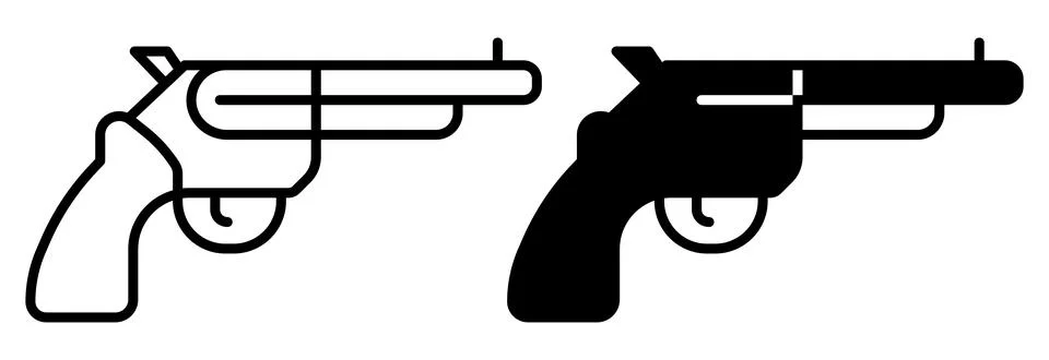 Outline and Solid Illustrations of Classic Revolver Gun Designs Stock Illustration