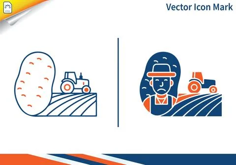 Outline and solid style farmer and potato vector icon design. Stock Illustration