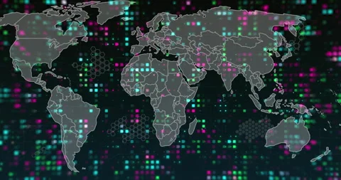 Outline appearing leading world map forming, hex grid fading, lines linking Stock Footage 312083813