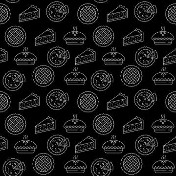Outline apple pie seamless pattern isolated on black background. Stock Illustration