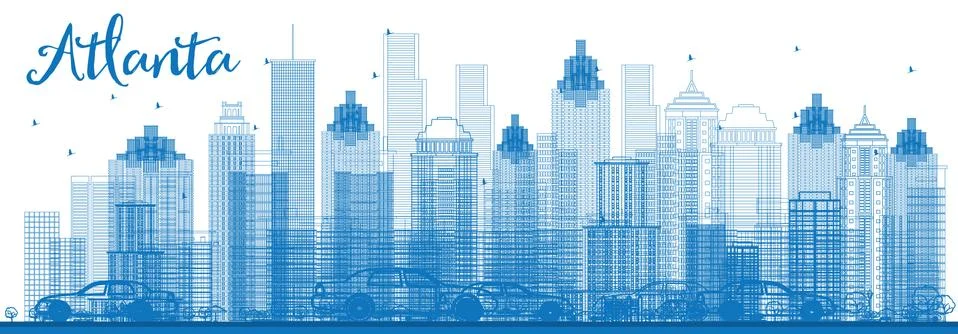 Outline Atlanta Skyline with Blue Buildings Stock Illustration