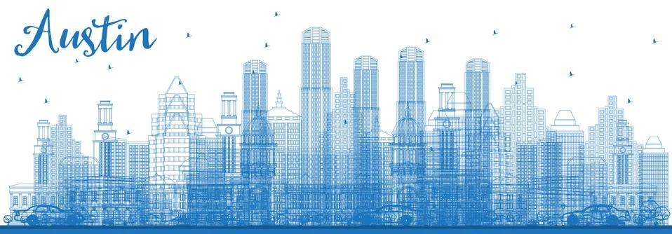 Outline Austin Texas City Skyline with Blue Buildings. Stock Illustration