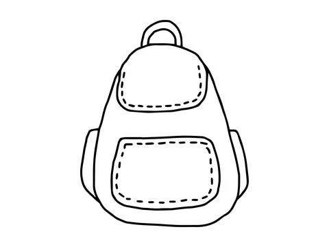 Outline of backpack with front and side pockets isolated on white background. Stock Illustration