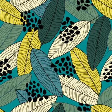 Outline banana leaf seamless pattern. Hand drawn exotic plant wallpaper. Stock Illustration