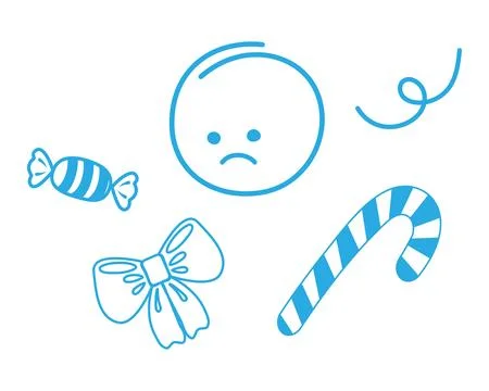 Outline Blue Monday Icon Set Consist of Sad Face Striped Candy Cane and Ribbon Stock Illustration