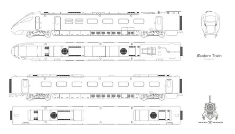 Outline blueprint of modern train. Side, top, front views. Isolated locomotive Stock Illustration