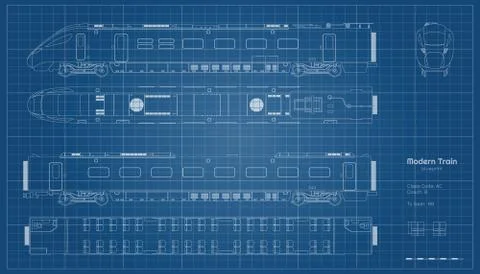 Outline blueprint of modern train. Side, top and front views. Contour locomotive Stock Illustration